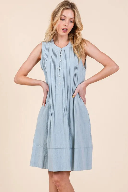Lime N Chili light blue pleated sleeveless midi dress with pintuck details