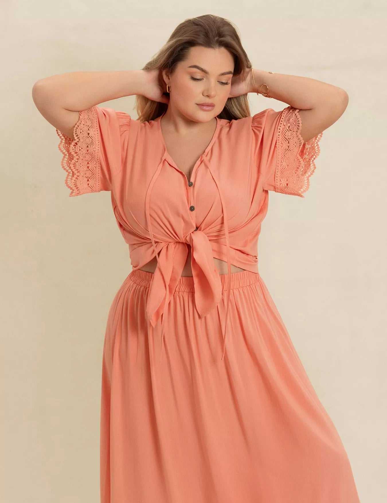 Plus Size Lace Detail Tie Neck Top and Skirt Set | Outfit Sets Daverri Fashions
