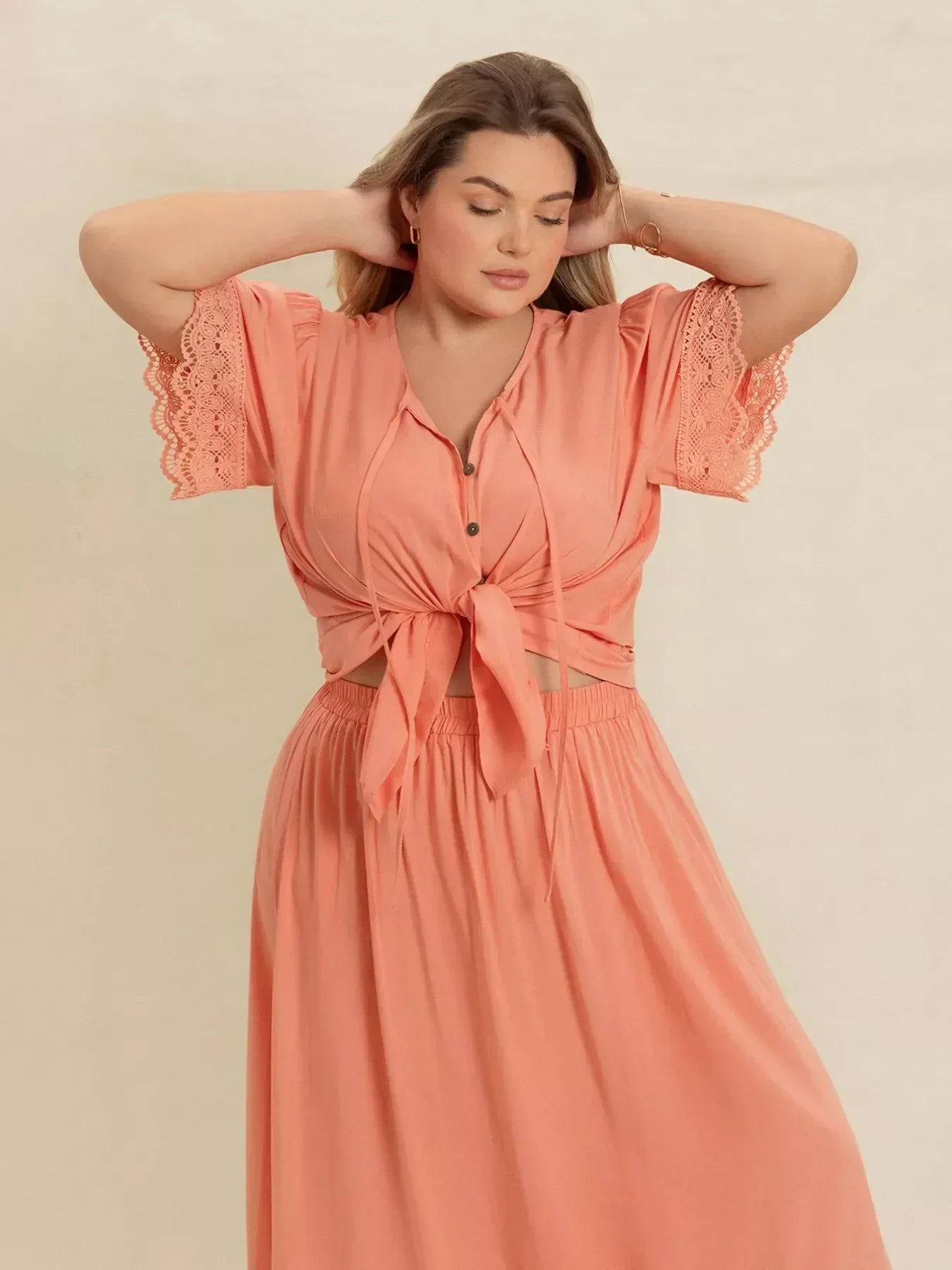 Plus Size Lace Detail Tie Neck Top and Skirt Set - DAVERRI FASHIONS