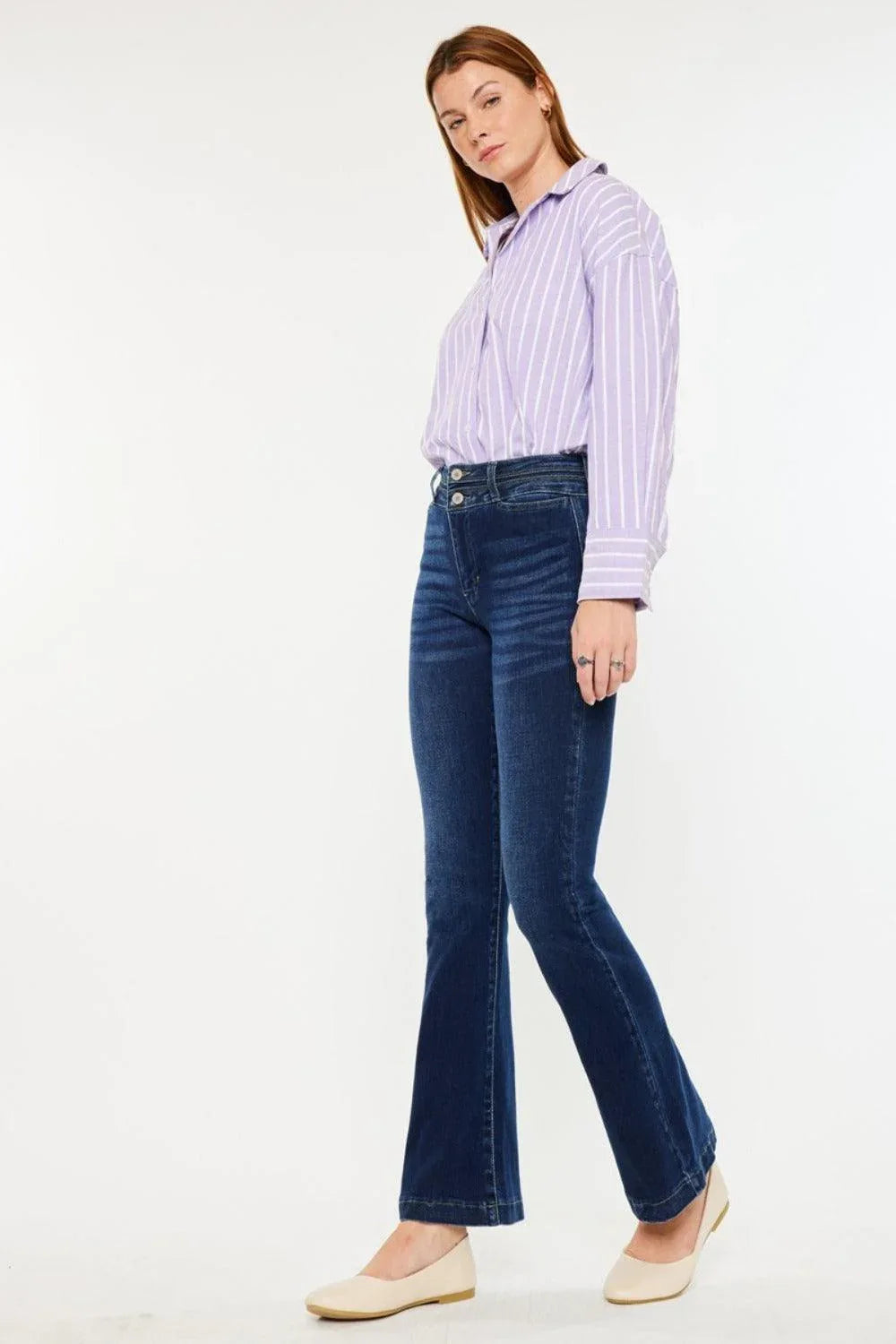 Kancan High Rise Double Waistband Flare Jeans - DAVERRI FASHIONS