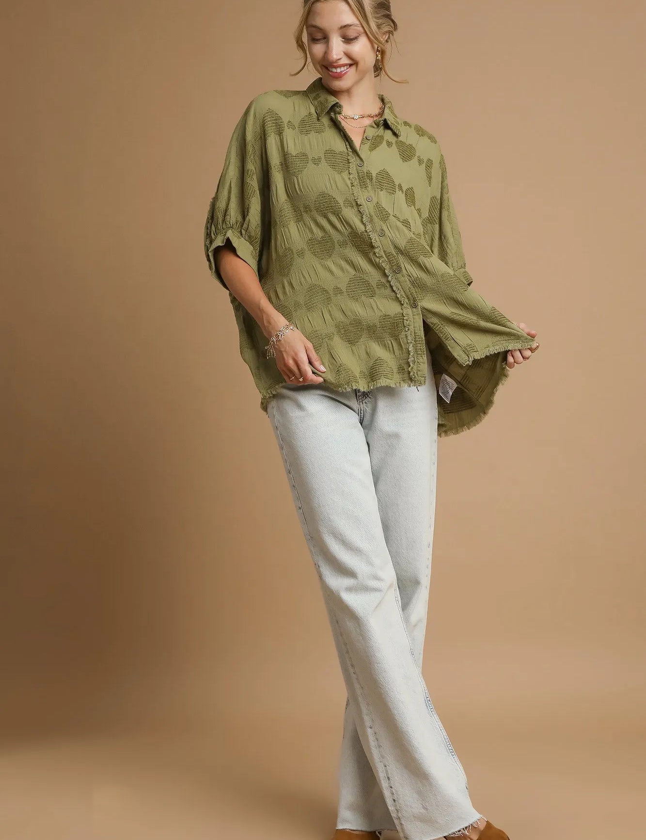 Umgee Jacquard Heart Collared Shirt | Shirts Daverri Fashions