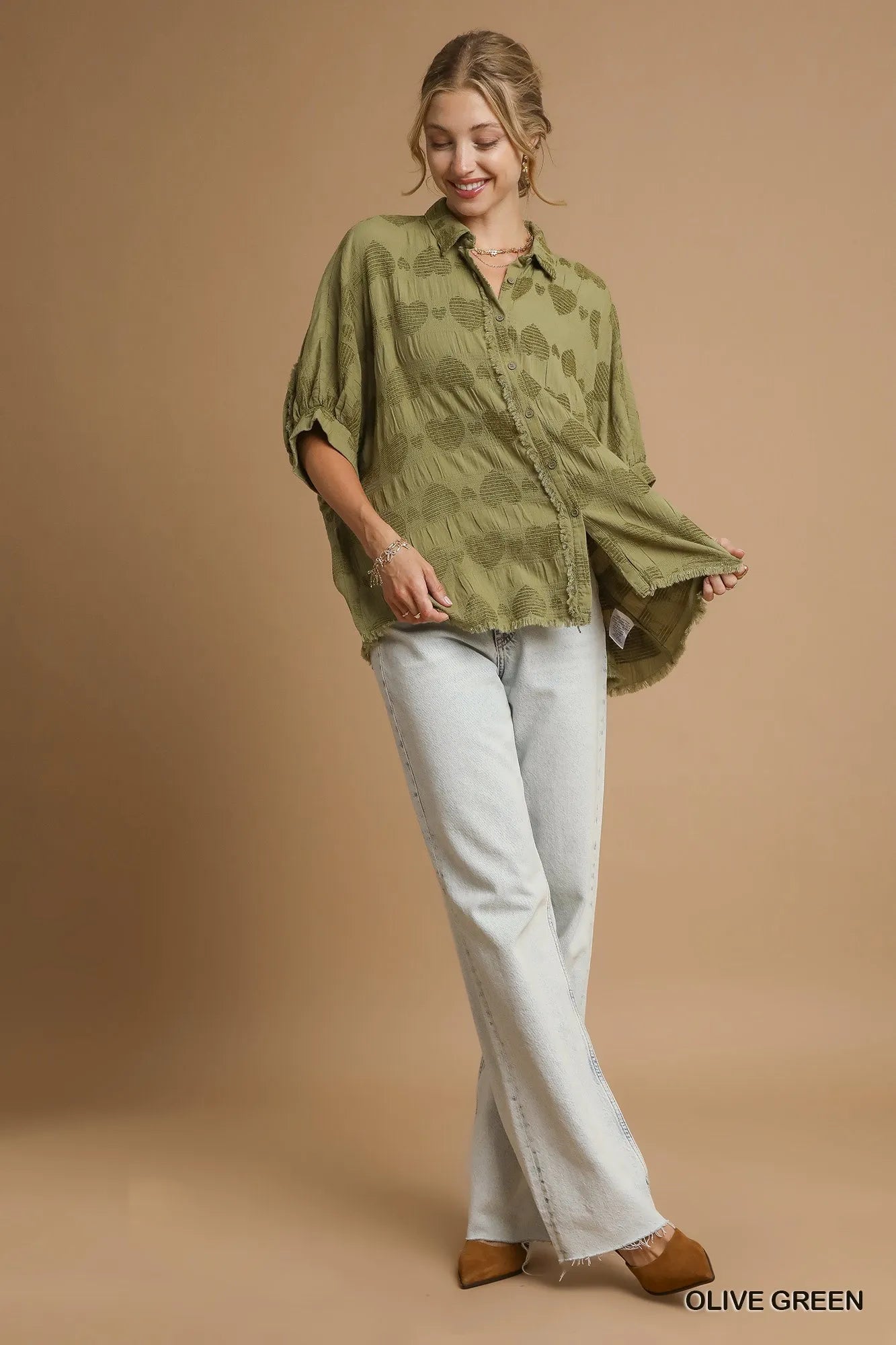 Umgee Jacquard Heart Collared Shirt Shirts