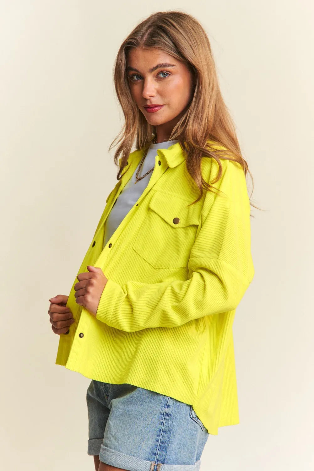 J.NNA Snap Down Long Sleeve High Low Shacket Shackets