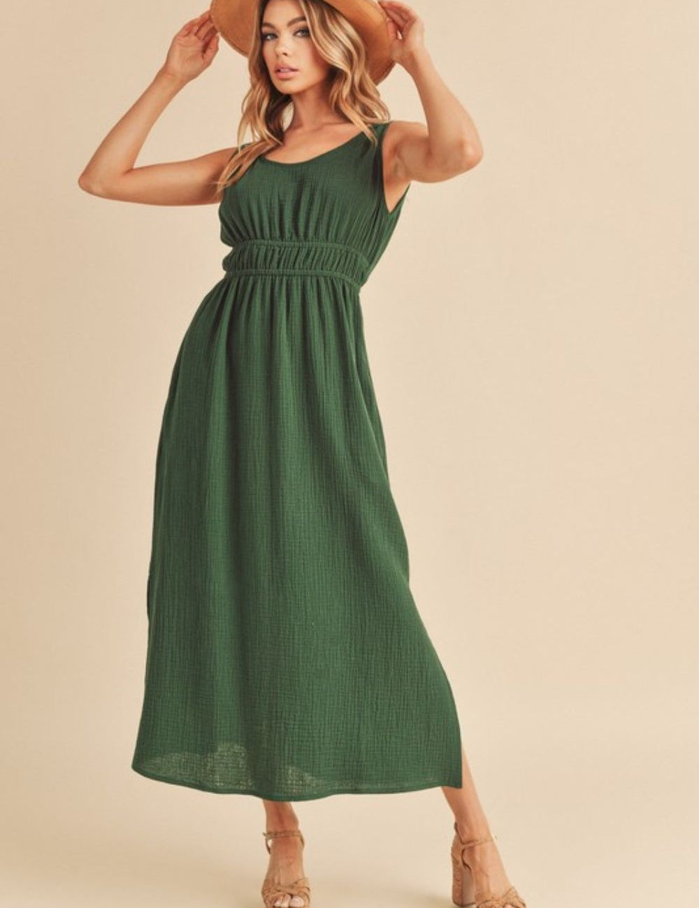 Aemi + Co Side Slit Round Neck Sleeveless Tank Dress Dark Green