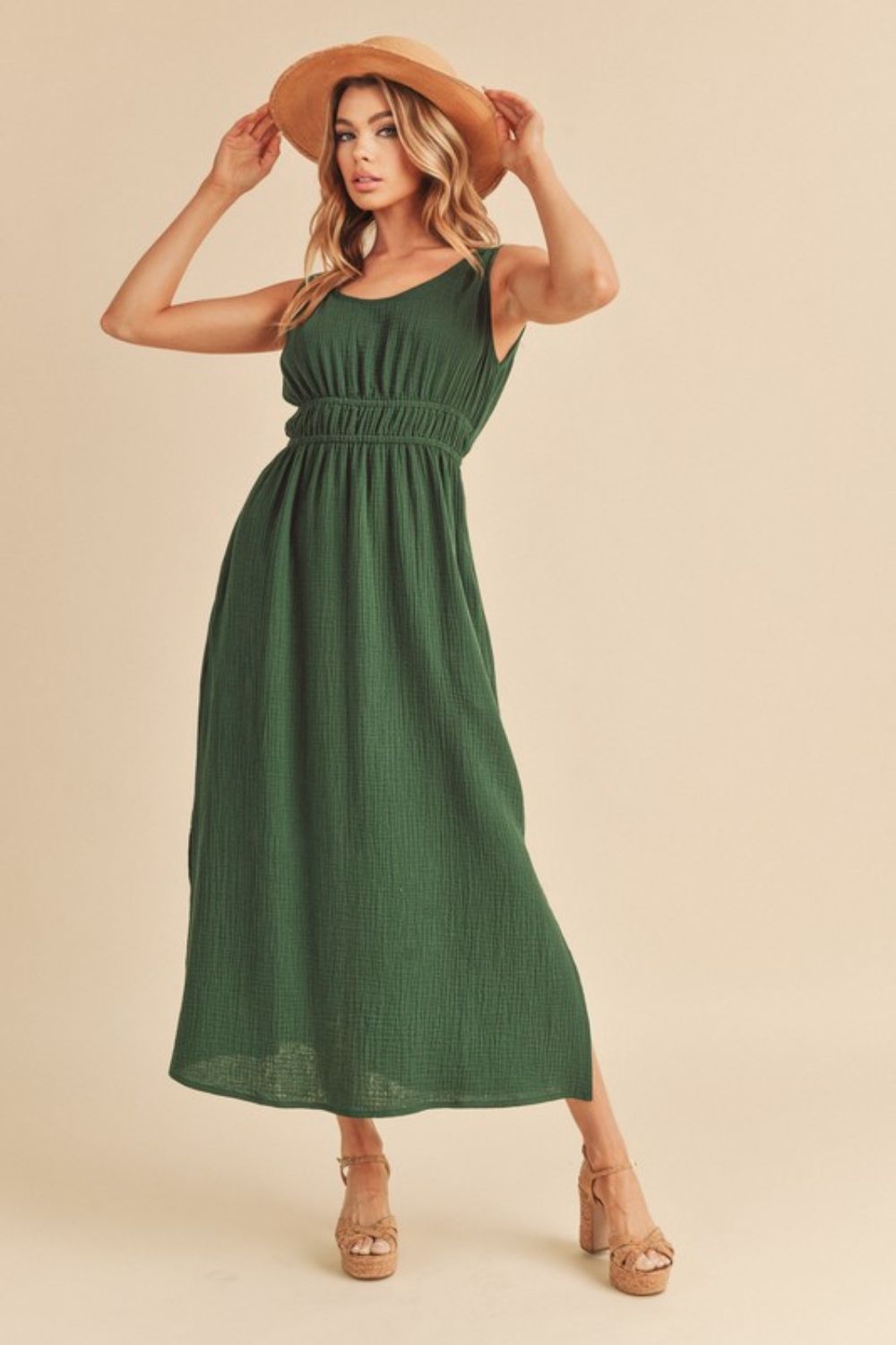 Aemi + Co Side Slit Round Neck Sleeveless Tank Dress Dark Green