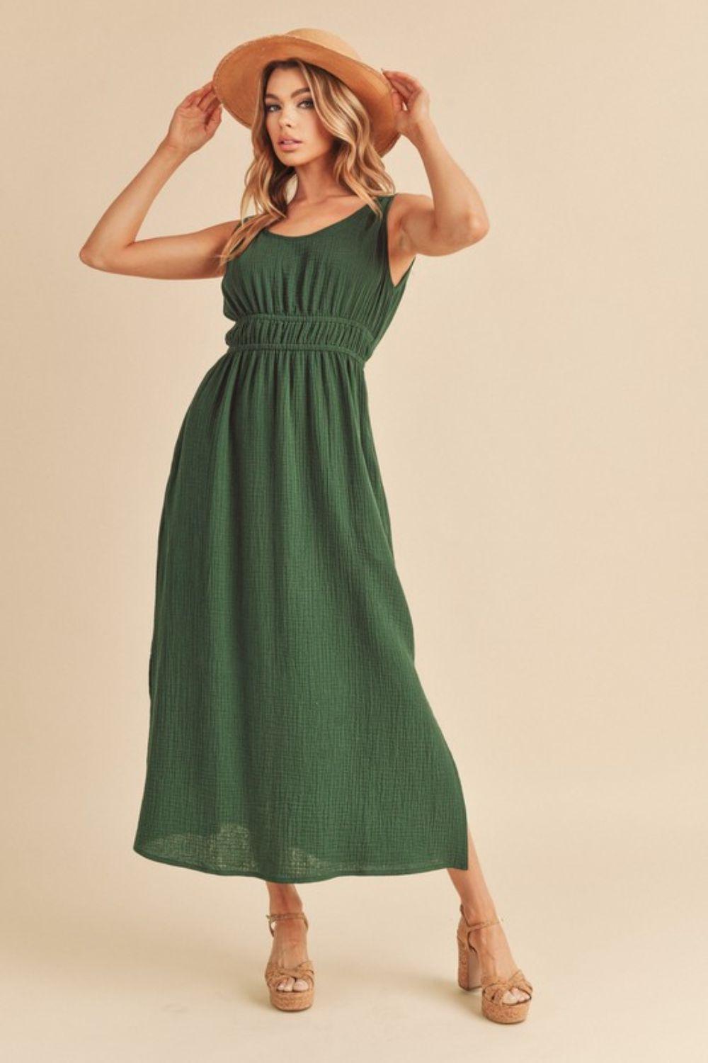 Aemi + Co Side Slit Round Neck Sleeveless Tank Dress Dark Green L Tank Dresses