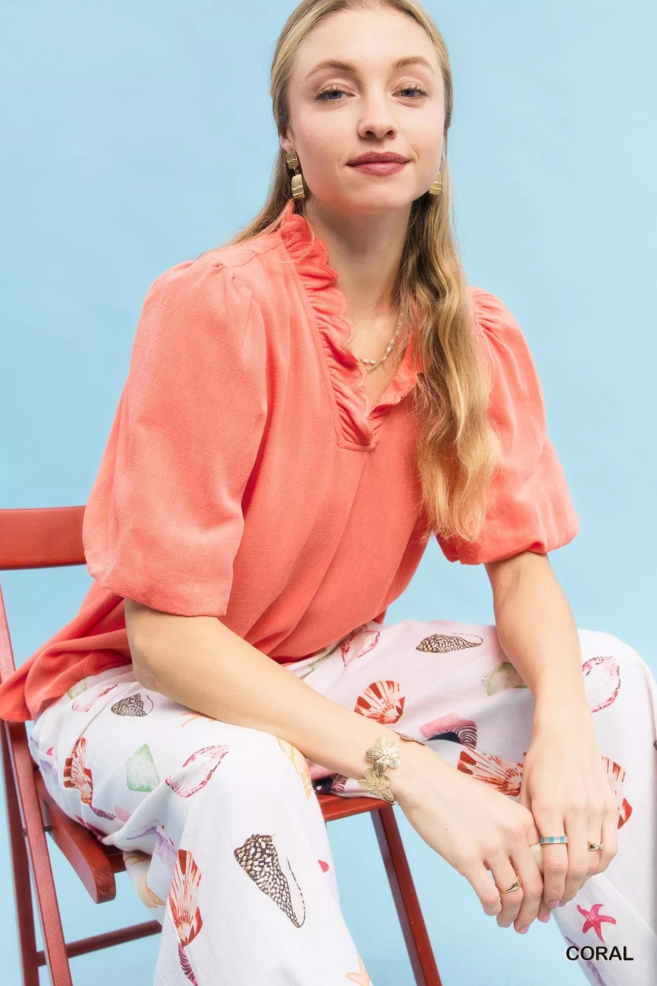 Coral Umgee linen scallop trim V-neck blouse with ruffles and puffed sleeves