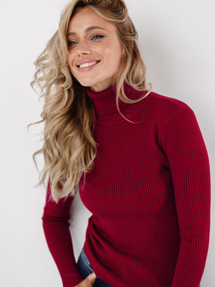 Wine Red Free Size Women's Knit Turtleneck Pullover | Sweaters Daverri Fashions