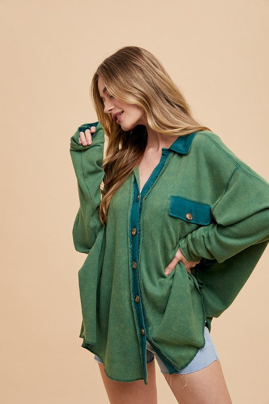 Annie Wear Waffle-Knit Mineral Washed Button Down Shirt Dark Green Tops