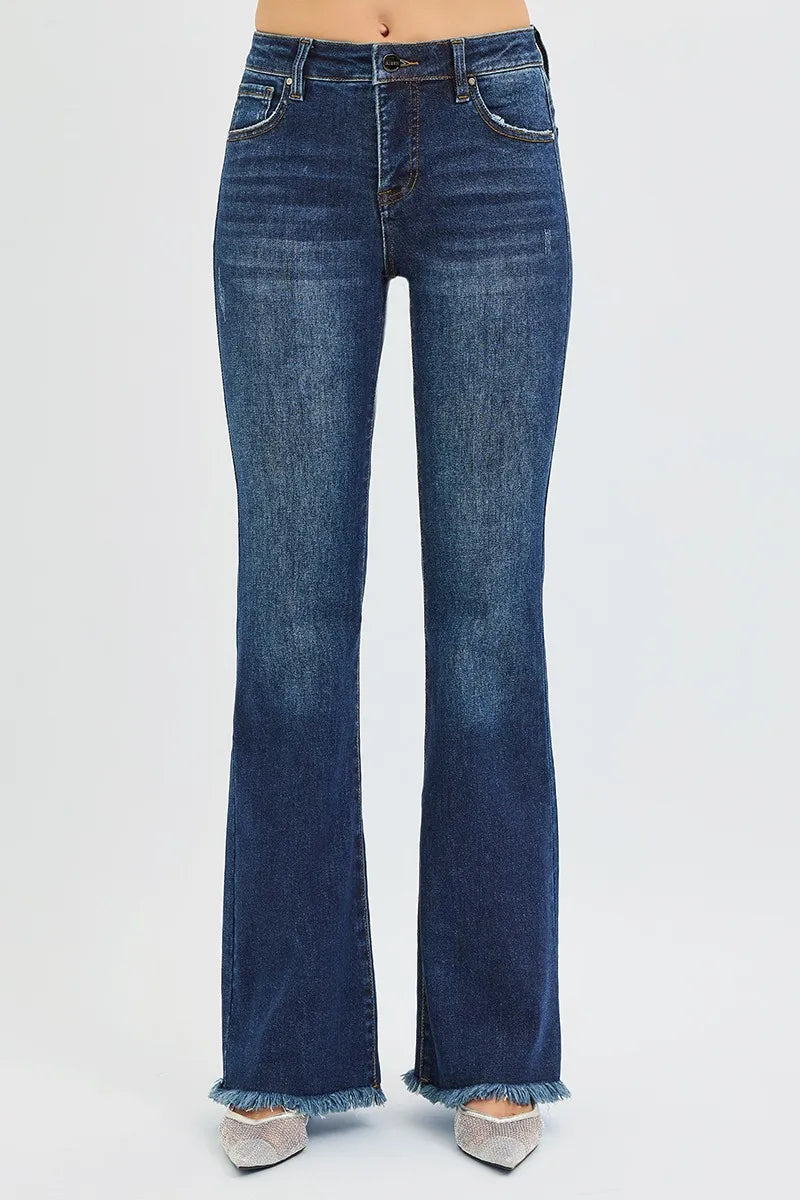 RISEN Full Size Tummy Control Mid Rise Flare Jeans Plus Size DARK
