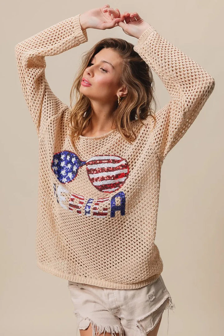 BiBi Sequin American Flag Sunglasses Knit Top Tops