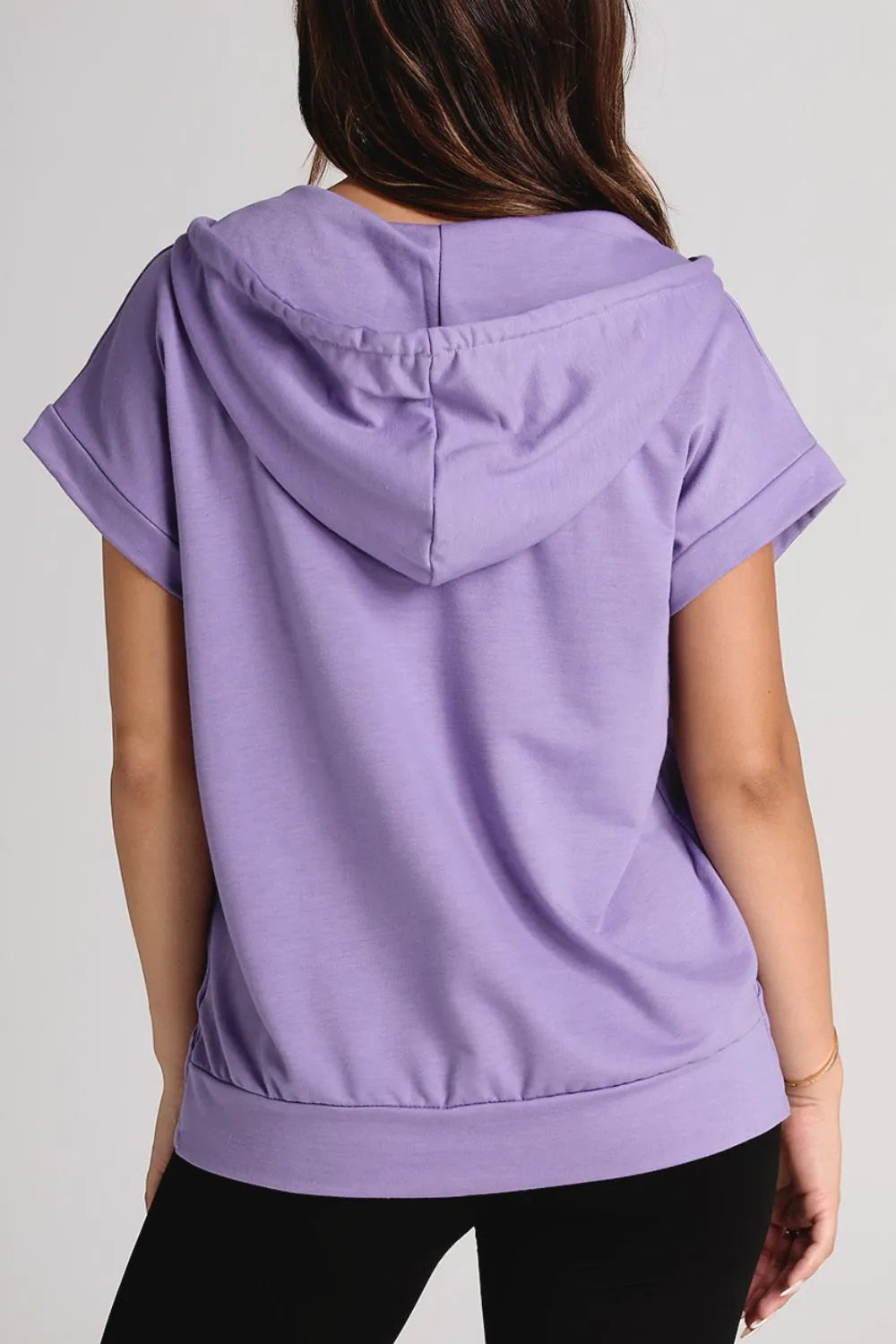 Lavender Drawstring Quarter Snap Cap Sleeve Hoodie with Ribbed Cuffs