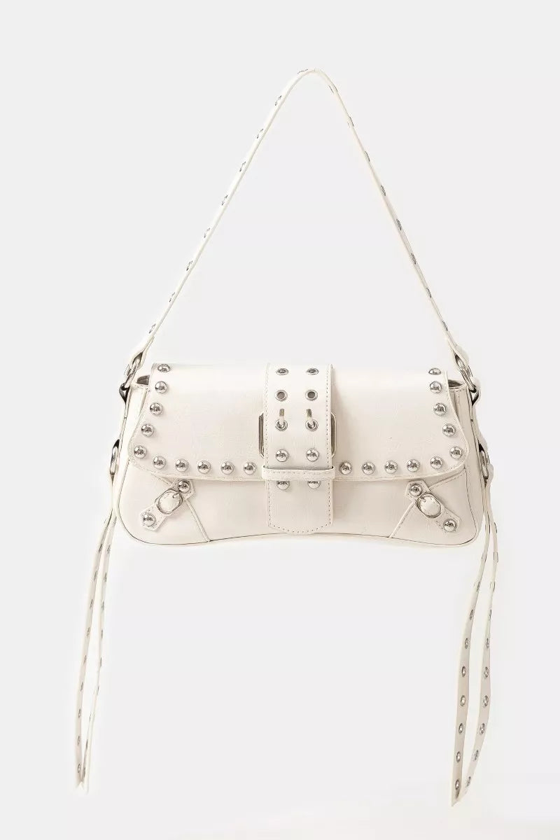 IV one size Fame Glossy Faux Leather Rivet Trim Shoulder Bag | Daverri Fashions