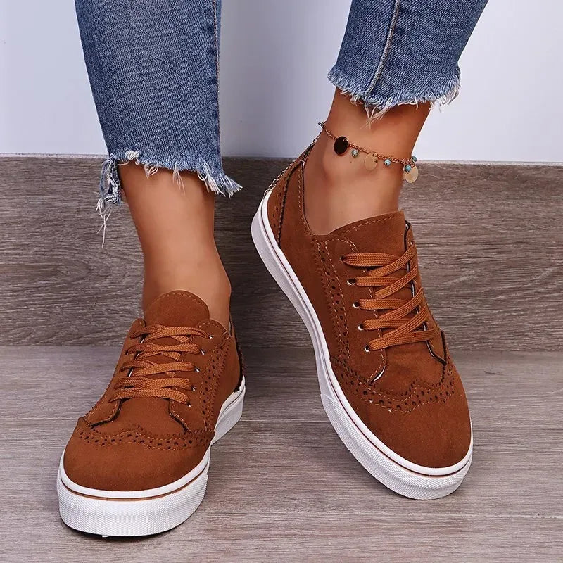 Lace-Up Suedette Flat Sneakers - DAVERRI FASHIONS