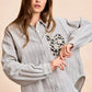 BiBi Flower Jacquard Knit Patch Pocket Stripe Shirt in soft gray and white cotton stripes
