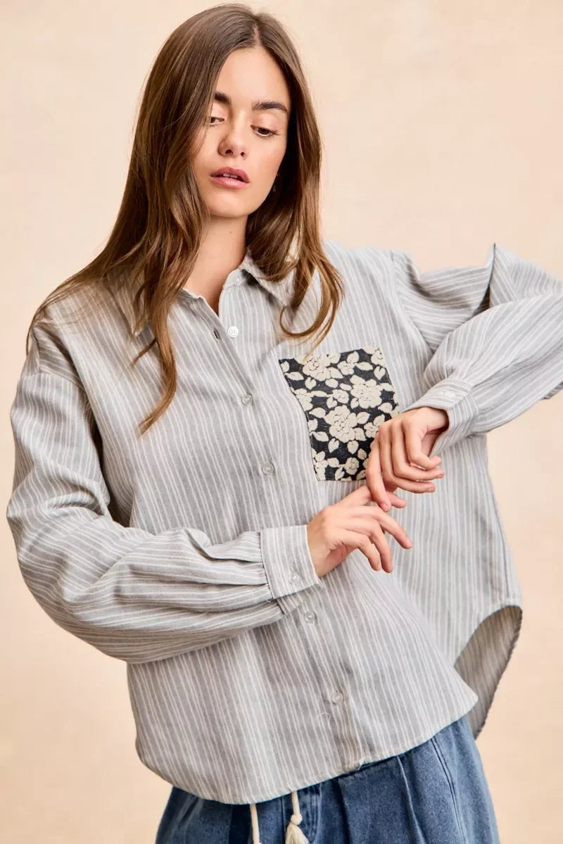 BiBi Flower Jacquard Knit Patch Pocket Stripe Shirt in soft gray and white cotton stripes