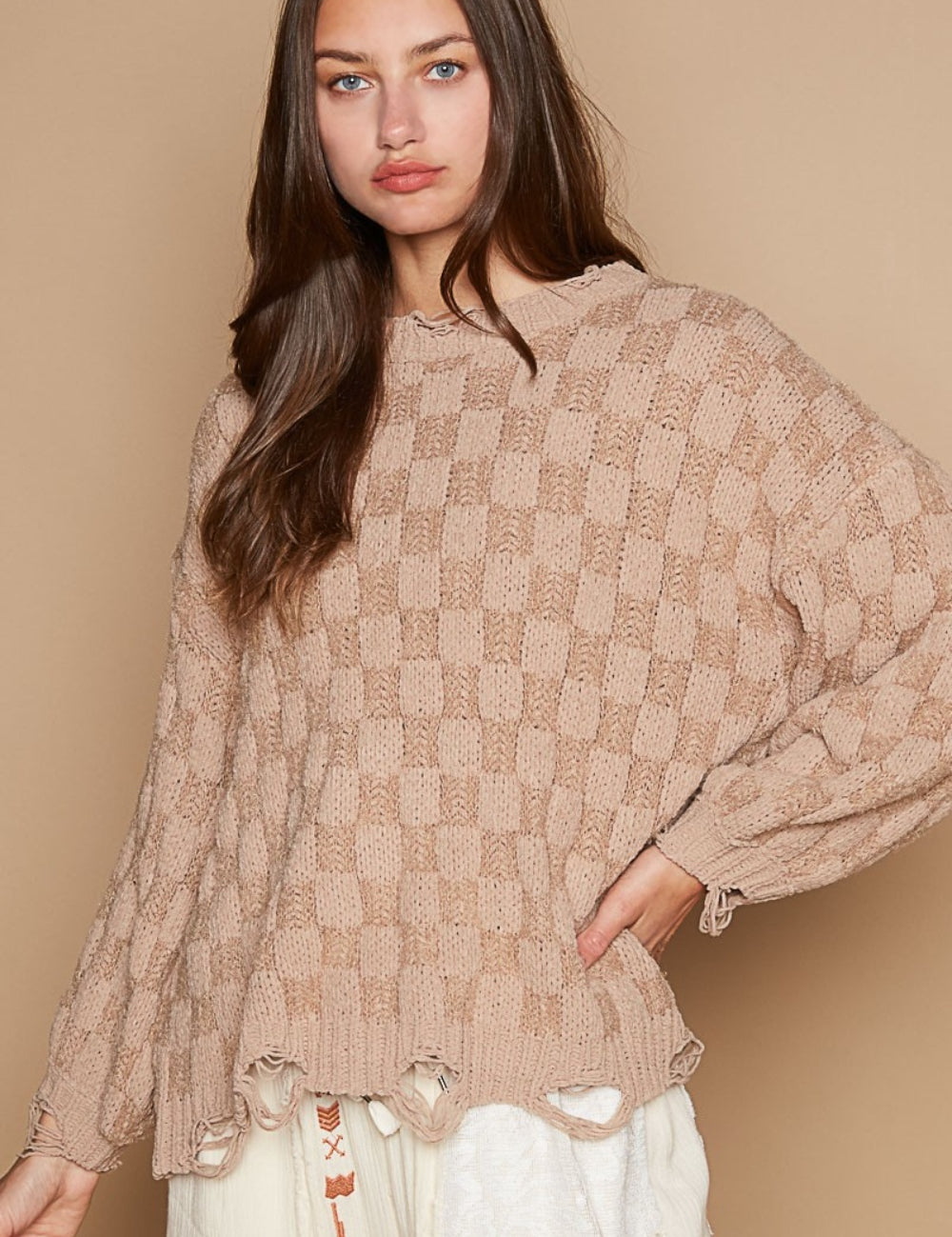 POL Checkered Distressed Edge Sweater Mocha Beige S