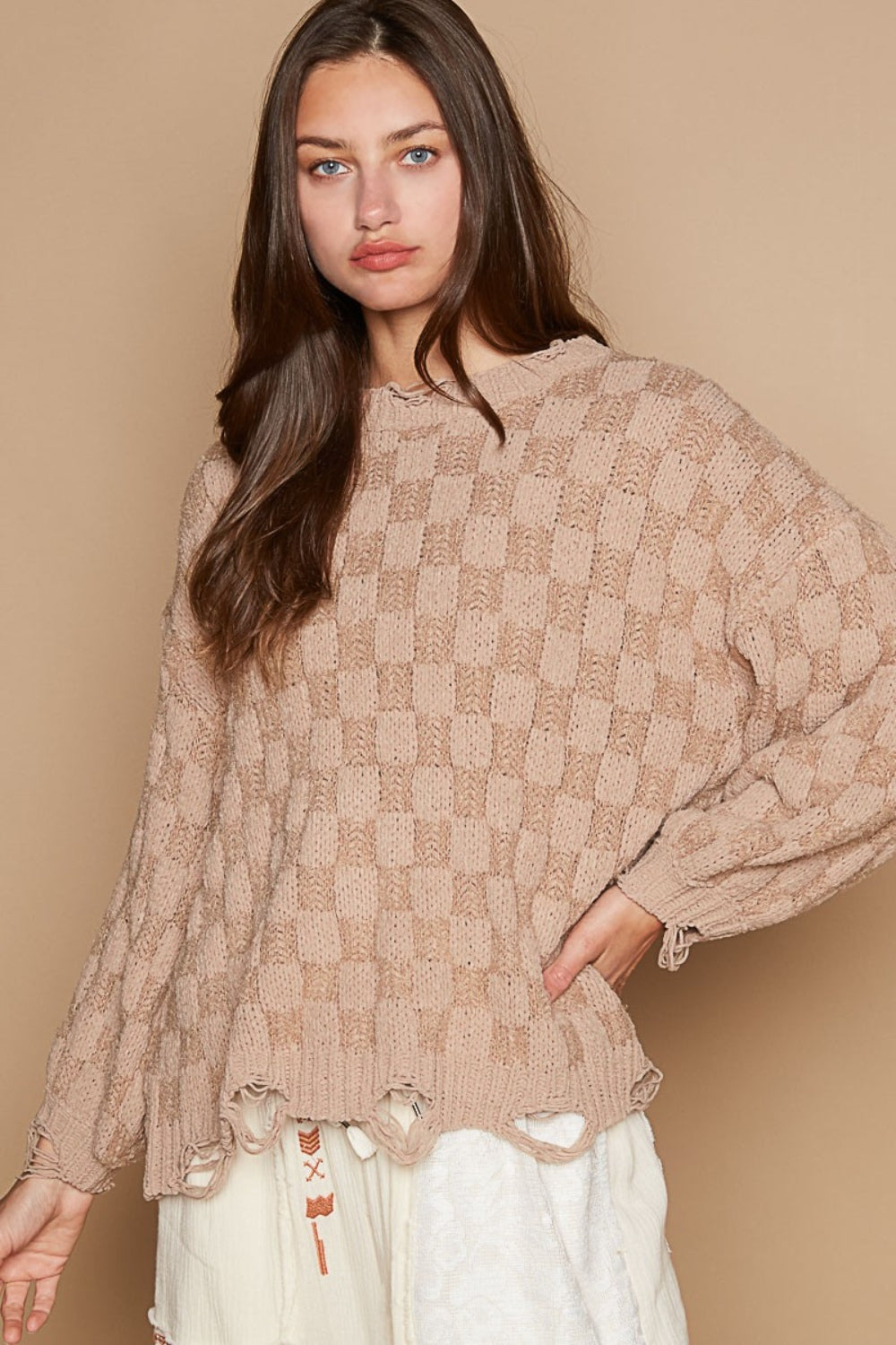 POL Checkered Distressed Edge Sweater Mocha Beige S