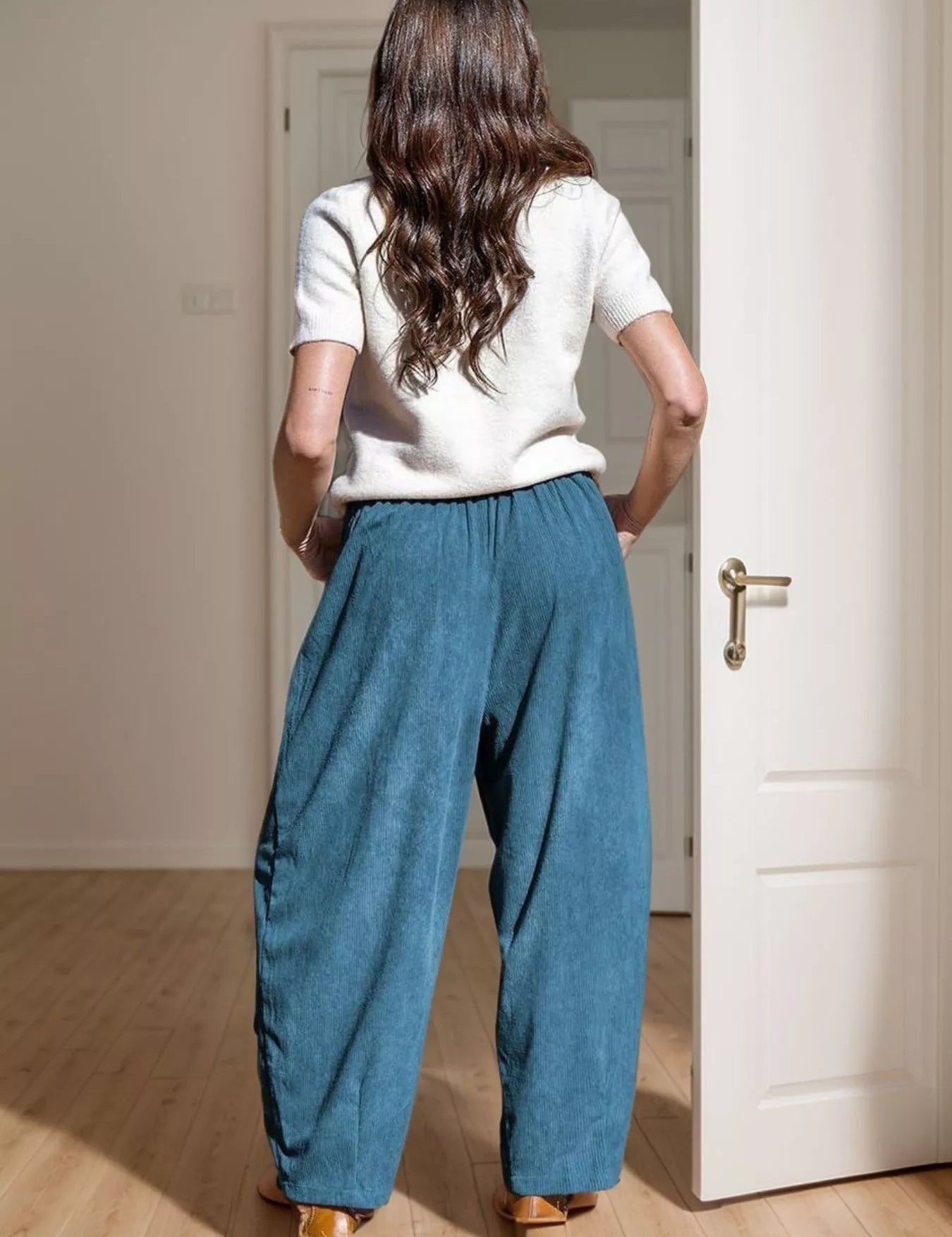 Teal linen harem pants with elastic waistband and drawstring
