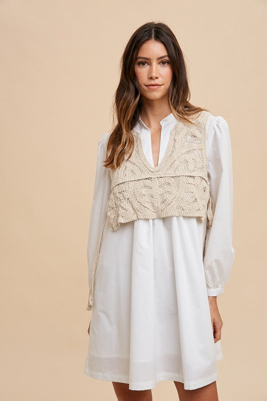 Annie Wear Crochet Vest Notched Long Sleeve Shirt Dress Tops