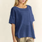 Davi & Dani high-low round neck knit top in soft textured blue with relaxed fit and short sleeves