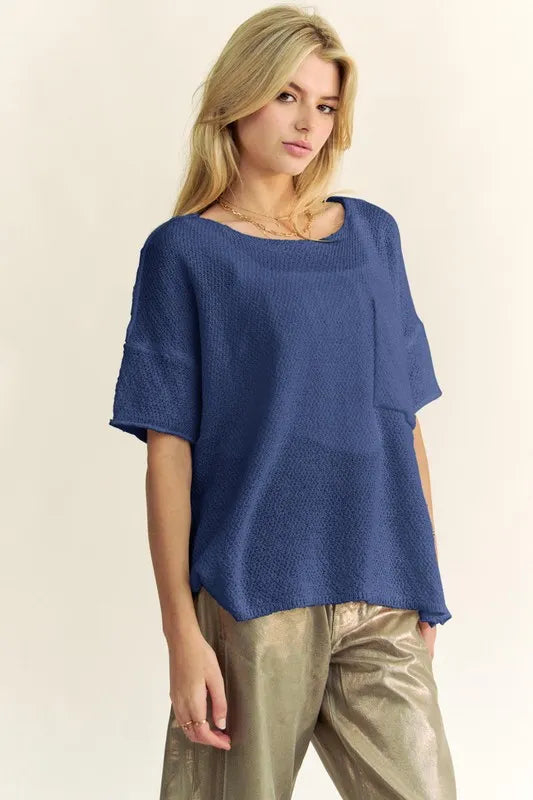 Davi & Dani high-low round neck knit top in soft textured blue with relaxed fit and short sleeves