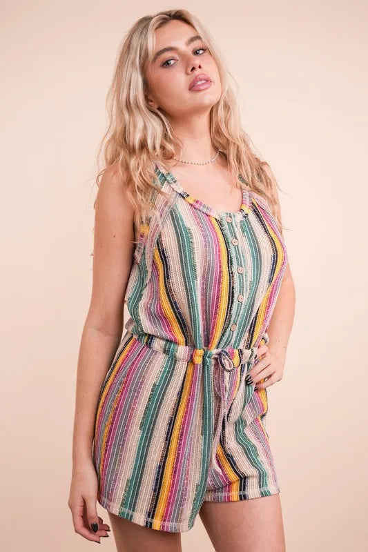 VERY J Crochet Multi Color Striped Casual Summer Romper Rompers