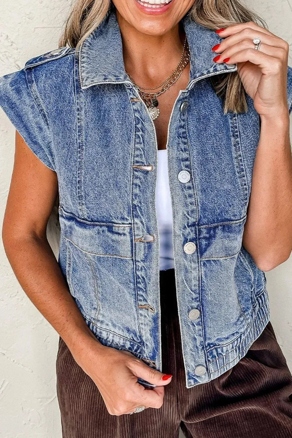 Button Up Cap Sleeve Denim Jacket - DAVERRI FASHIONS