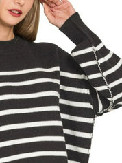 Zenana Exposed Seam Striped Oversized Sweater Black | Sweaters Daverri Fashions
