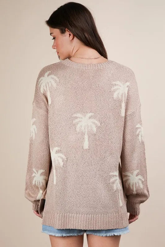 VERY J Palm Tree Graphic Oversized Knit Sweater Sweaters
