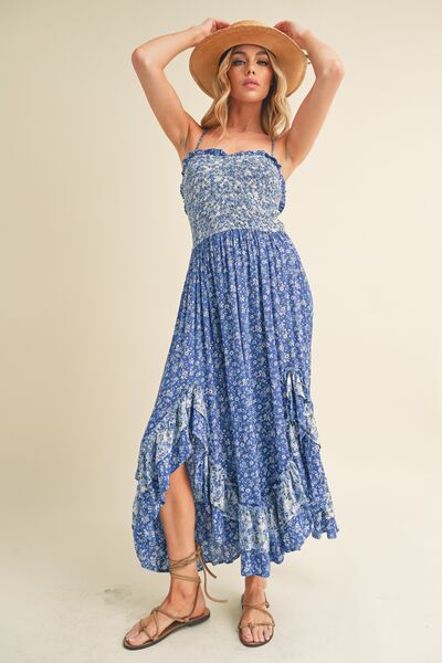 Aemi + Co Blue Ditsy Floral Ruffled Hem Maxi Cami Dress Cami Dresses