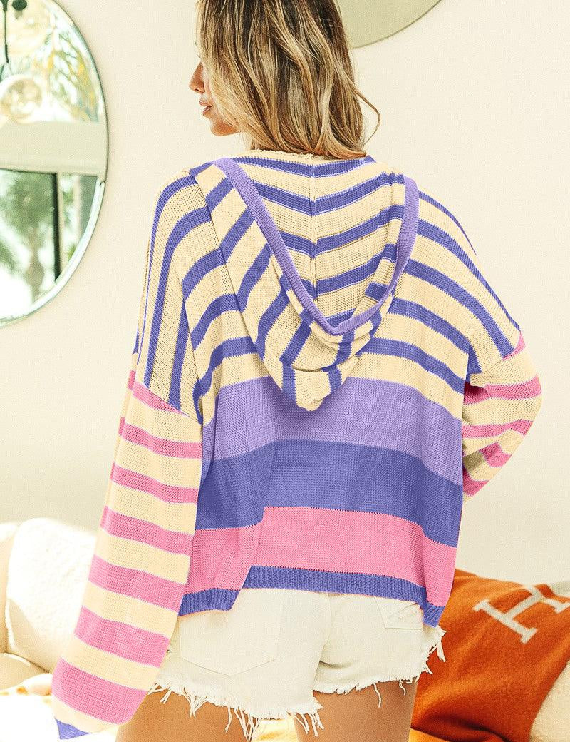 BiBi Striped Color Block Hooded Knit Top Knit Tops