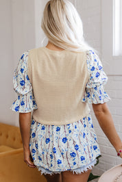 Beige Waffle Floral Patchwork Short Flounce Sleeve Peplum Blouse | Blouses Daverri Fashions