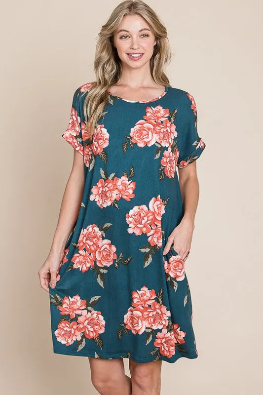 BOMBOM Floral Round Neck Short Tee Dress with Pockets French Blue