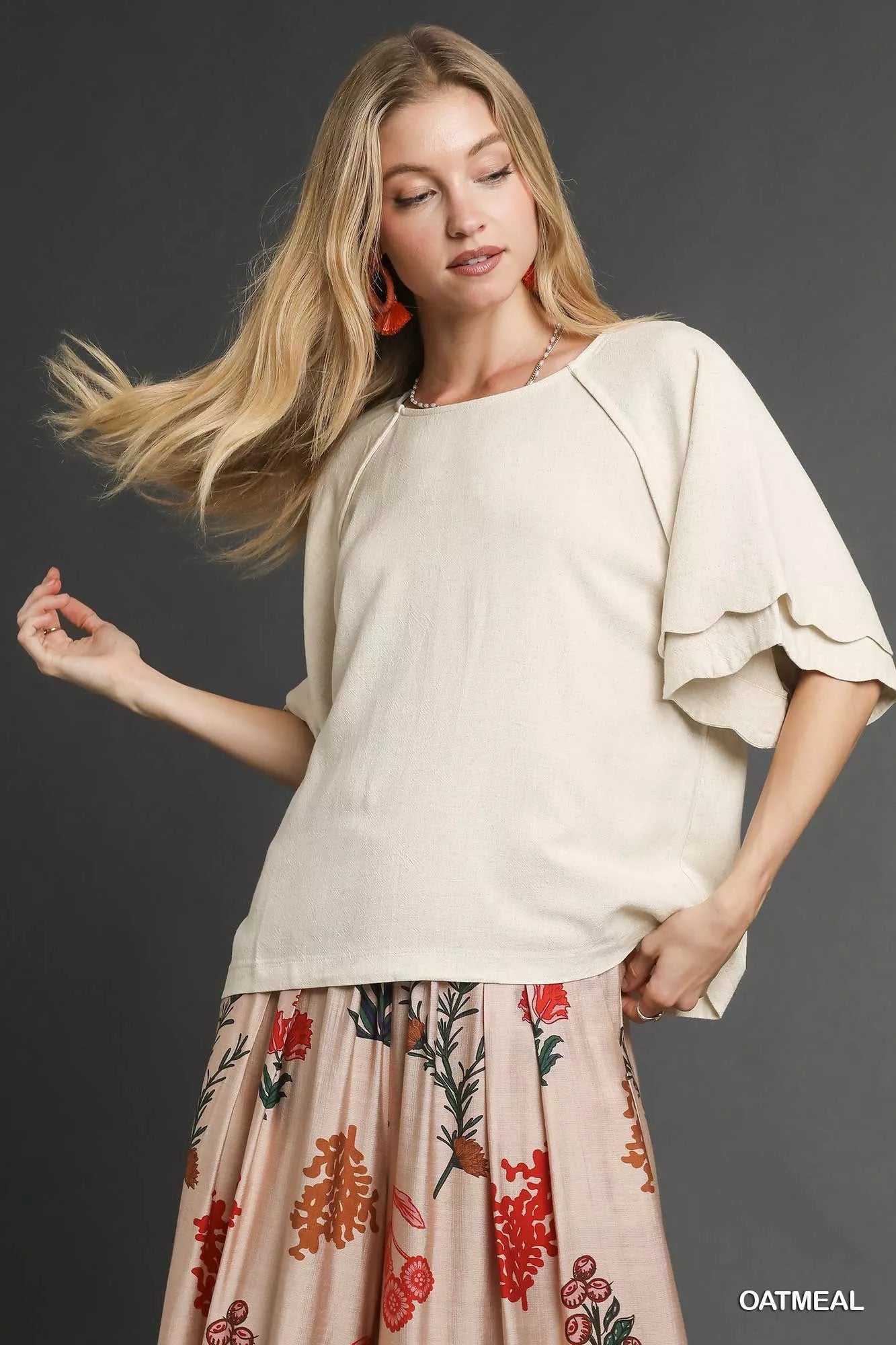 Umgee Linen Scallop Sleeve Boho Top in beige with ruffled short sleeves