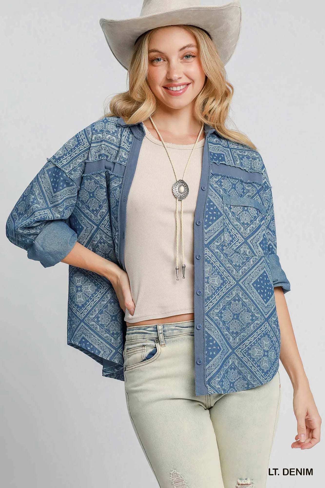 Umgee Paisley Print Denim Shirt Jacket Shackets