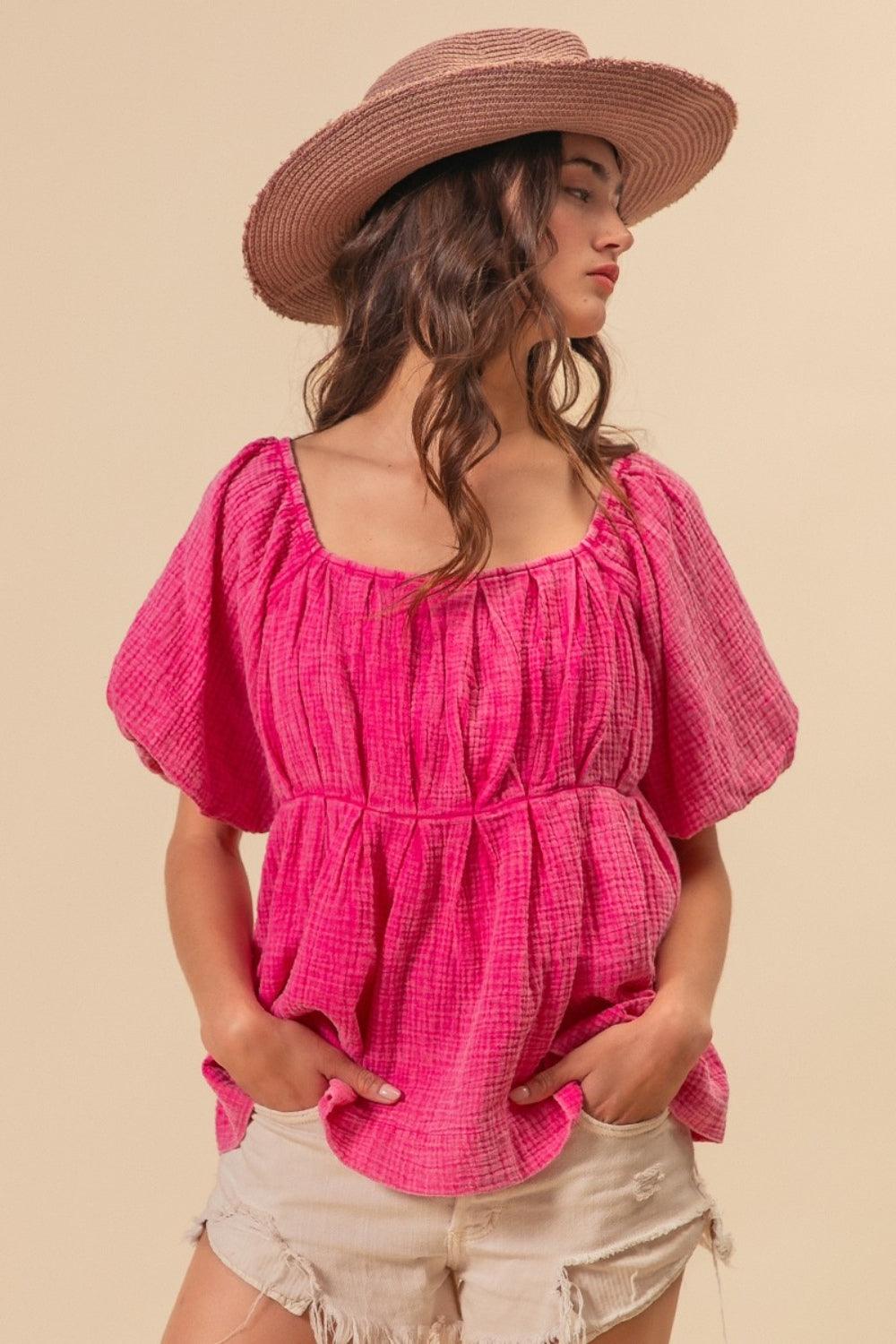 BiBi Pleated Puff Sleeve Washed Blouse Blouses