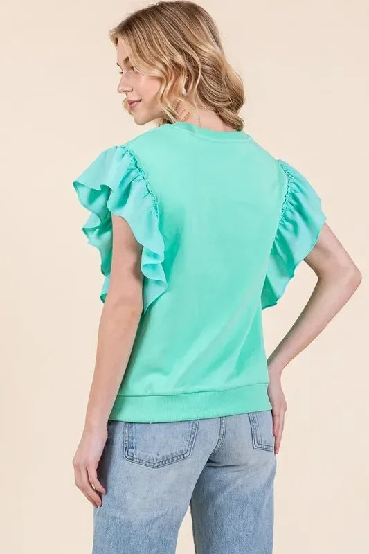 Lime 'N' Chili Solid Shoulder Ruffle Detail Round Neck Top - DAVERRI FASHIONS