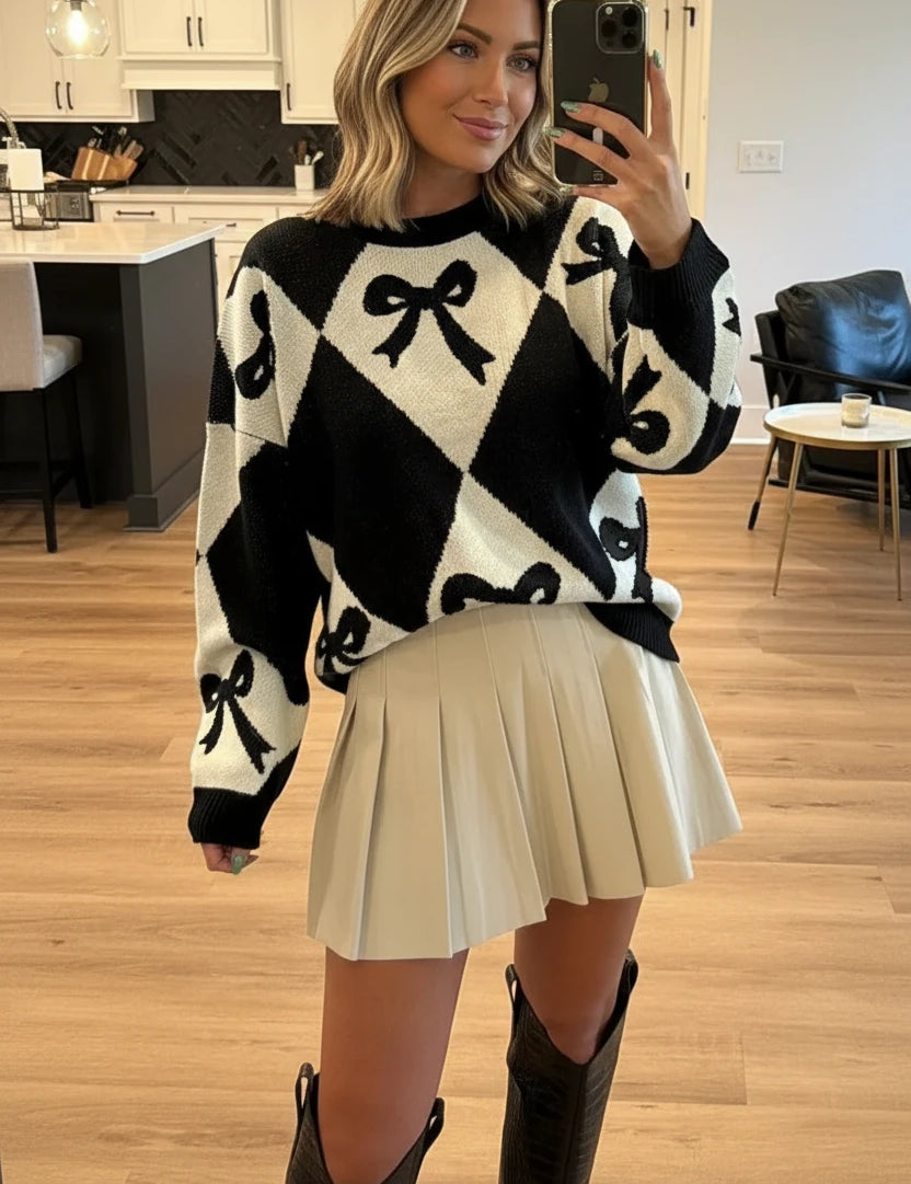 Bow Pattern Long Sleeve Contrast Sweater | Sweaters Daverri Fashions
