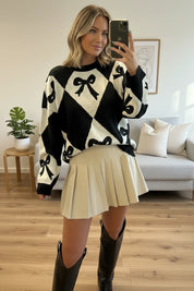 Bow Pattern Long Sleeve Contrast Sweater | Sweaters Daverri Fashions