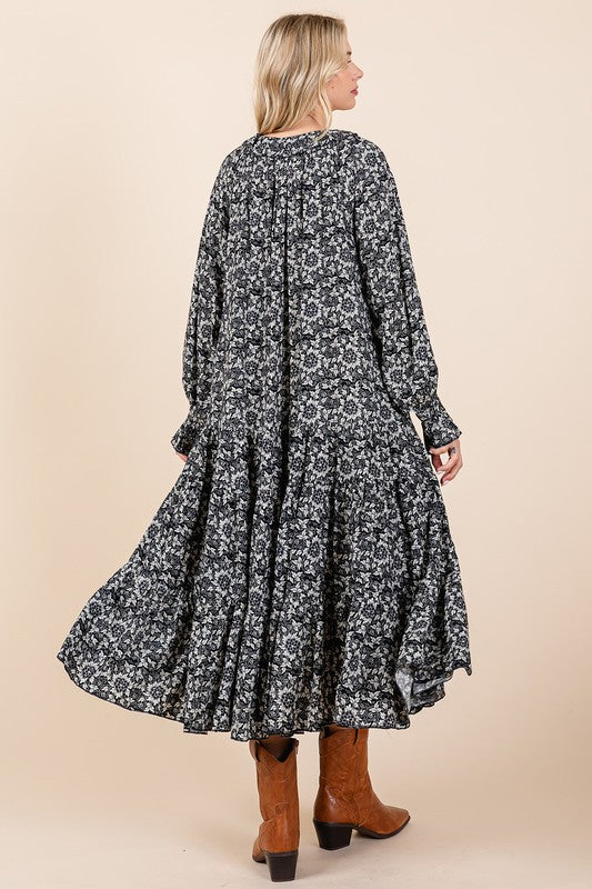 Mittoshop Printed Tie Neck Flounce Sleeve Midi Dress Mid Dresses