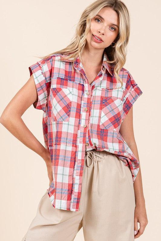 Mittoshop Mineral Wash Plaid Button Down Shirt - DAVERRI FASHIONS
