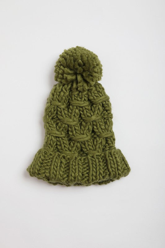Olive One Size Oversized Chunky Knit Pom Beanie | Daverri Fashions