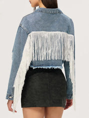 Distressed Fringe Collared Neck Cropped Denim Jacket | Denim Jackets Daverri Fashions