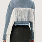 Distressed Fringe Collared Neck Cropped Denim Jacket - DAVERRI FASHIONS