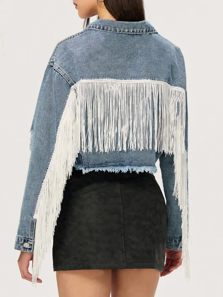 Distressed Fringe Collared Neck Cropped Denim Jacket | Denim Jackets Daverri Fashions