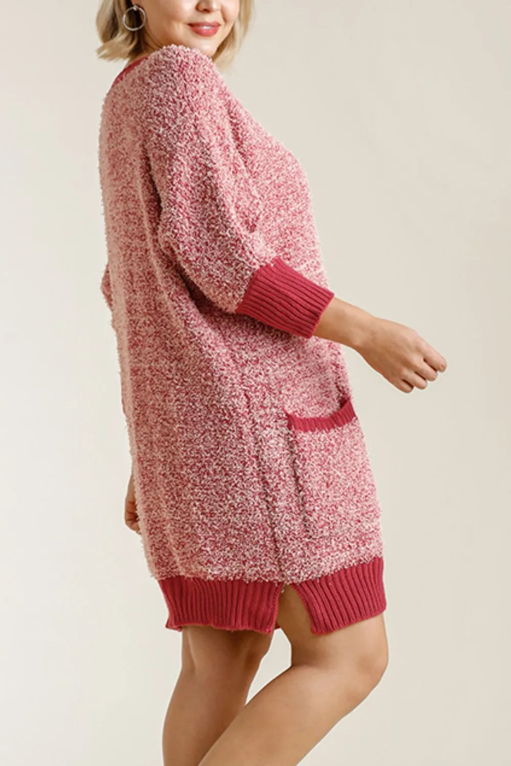 Umgee Full Size Ribbed Hem Round Neck 3/4 Sleeve Sweater Dress with Pockets Plus Size | Daverri Fashions