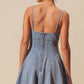 SO ME light-wash denim A-line fit and flare mini dress with thin straps and back zipper
