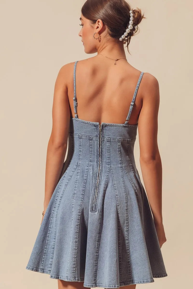 SO ME light-wash denim A-line fit and flare mini dress with thin straps and back zipper