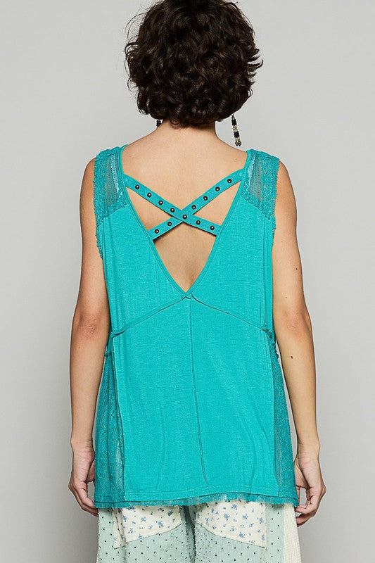 POL Lace Detail Studded Crisscross Back V-Neck Sleeveless Top Tops